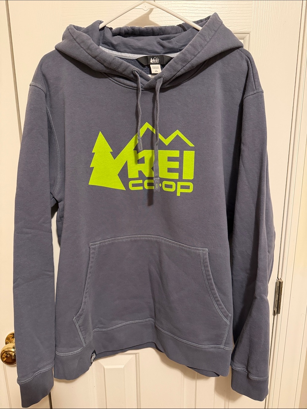REI Slate Blue Hoodie with Lime Green Logo
